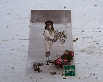 Antique 1900/1910s postcard French real photo recolored adorable boy with bouquet