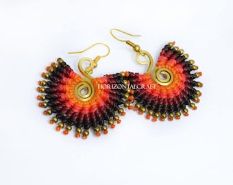S-Coil Circle Style Earring/Corlorful wax cord tied earring/ black-red-light red-orange tone