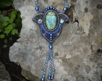 Beaded labradorite necklace bead embroidery pendant beadwork jewelry labradorite necklace blue pendant embroidered jewelry