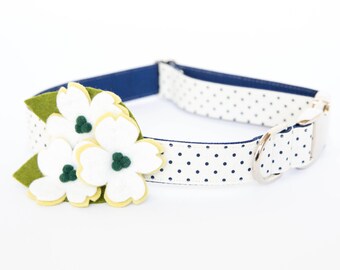 Dogwood Flower Dog Collar - Cream and Navy Swiss Dot