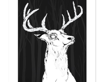Portrait of a Buck, Deer, Pen and Ink Illustration, Black and White, Art Print 12x16