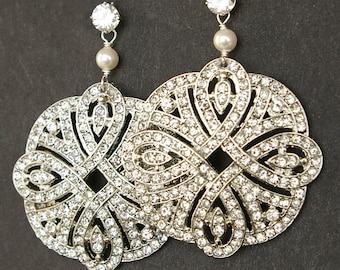 Art Deco Style Filigree Bridal Earrings, Vintage Style Rhinestone Wedding Earrings, Statement Bridal Jewelry, Sterling Silver Studs, ARDEN
