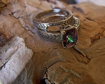 14k White Gold with Mystic Topaz Wedding/Engagement set Ring RF013