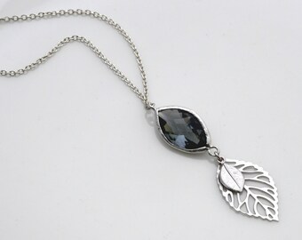 Silver Leaves Pendant with Charcoal Crystal, Wedding Jewelry, Graduation Gift, , Everyday Necklace