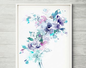 Watercolor flower, flower painting, watercolor flower print, abstract flower, flower art, pink flower, floral print, blue watercolor