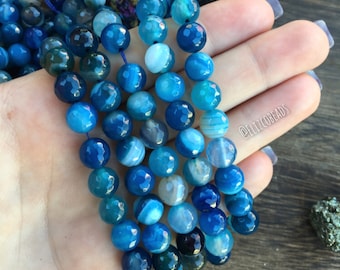8mm Faceted Marine Blue Striped Agate beads, 15" strand, wholesale beads, gemstone beads, beads in bulk, shiny beads, bulk beads #R8F-019