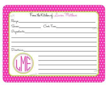 Personalized Recipe Cards, Monogram Recipe cards, Initials, Baking, Cooking, Kitchen, CUSTOM COLORS, Set of 12