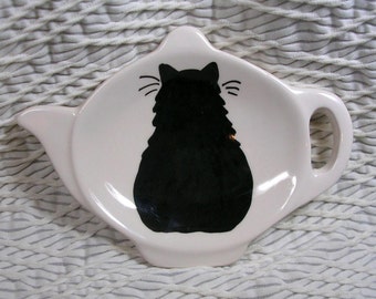 Black Cat Tea Bag Holder Handmade Ceramic by Grace M. Smith