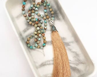 Beaded Tassel Necklace, Turquoise Statement Necklace, Long Boho Necklace, Beaded Turquoise Necklace, Hand Knotted Necklace, Bohemian Jewelry