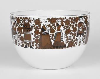 Vintage Mid Century Modern Arabia Of Finland Enamel Bowl Kaj Franck Medieval People c1960s