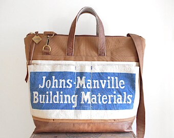 Canvas, cognac leather carryall, tote bag - vintage Prasse Lumber Cleveland Ohio- eco vintage fabrics