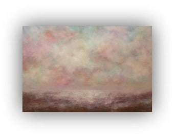 Large Landscape Painting, Abstract Sky Clouds and Field Oil on Canvas, Original 24 x 36 Pink and Brown Palette Knife Art