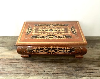 Vintage Inlaid Wooden Musical Jewelry Box / Mapsa Swiss Music Box