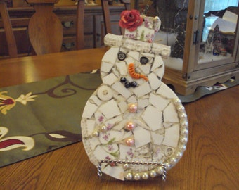 Whimsical Pique Assiette Mosaic Snowman