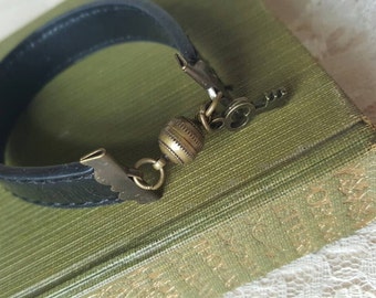 Leather charm bracelet - leather key charm bracelet - key charm bracelet - black leather charm bracelet - black leather key bracelet