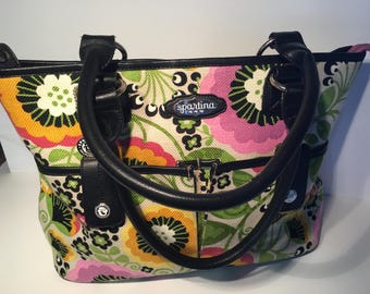 Spartina 449 leather and linen handbag with chrysanthemum floral design