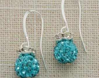 Turquoise Rhinestone Beaded Silver Earring French Hooks Handcrafted 6H