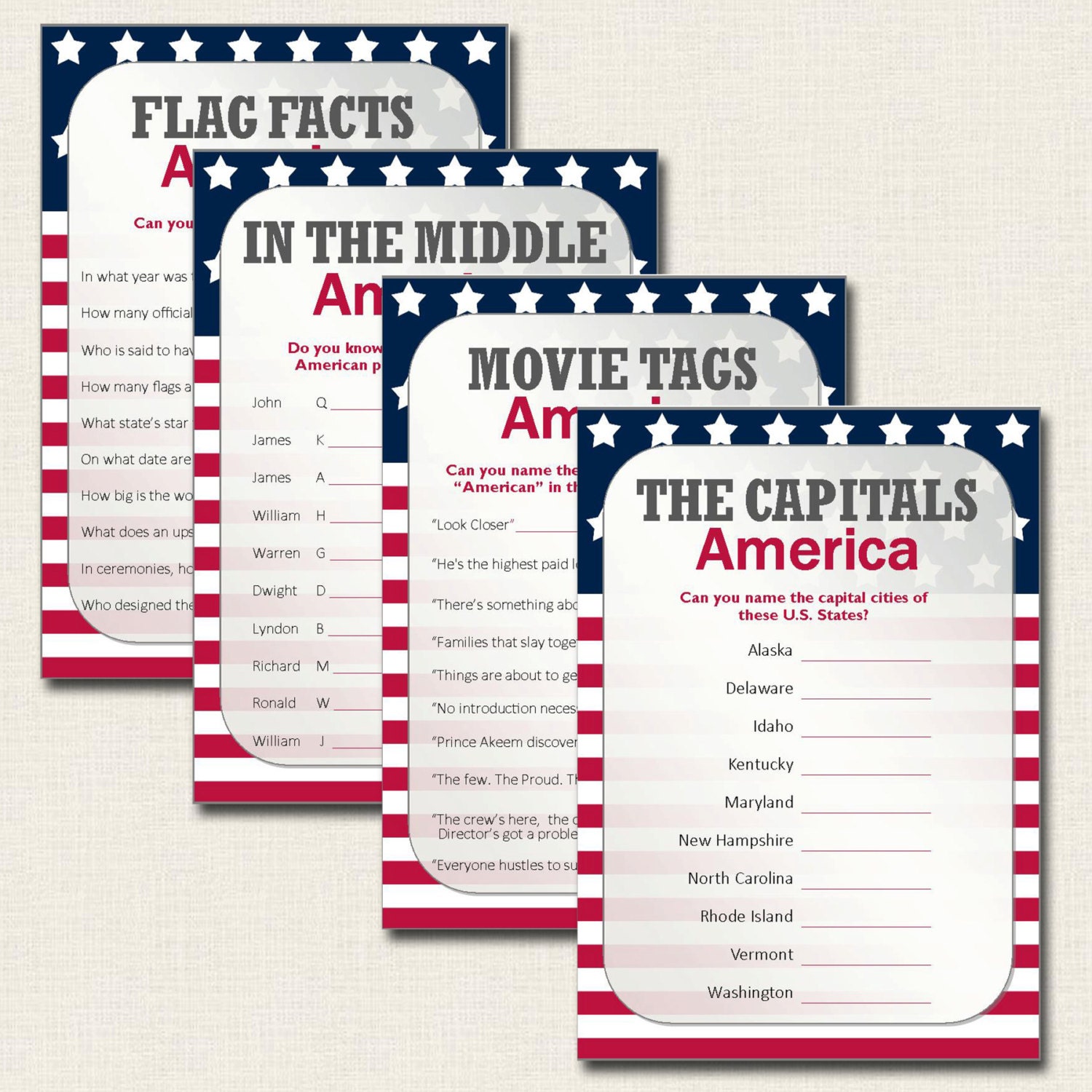 4th of July Games Patriotic USA America Quiz Cards Instant
