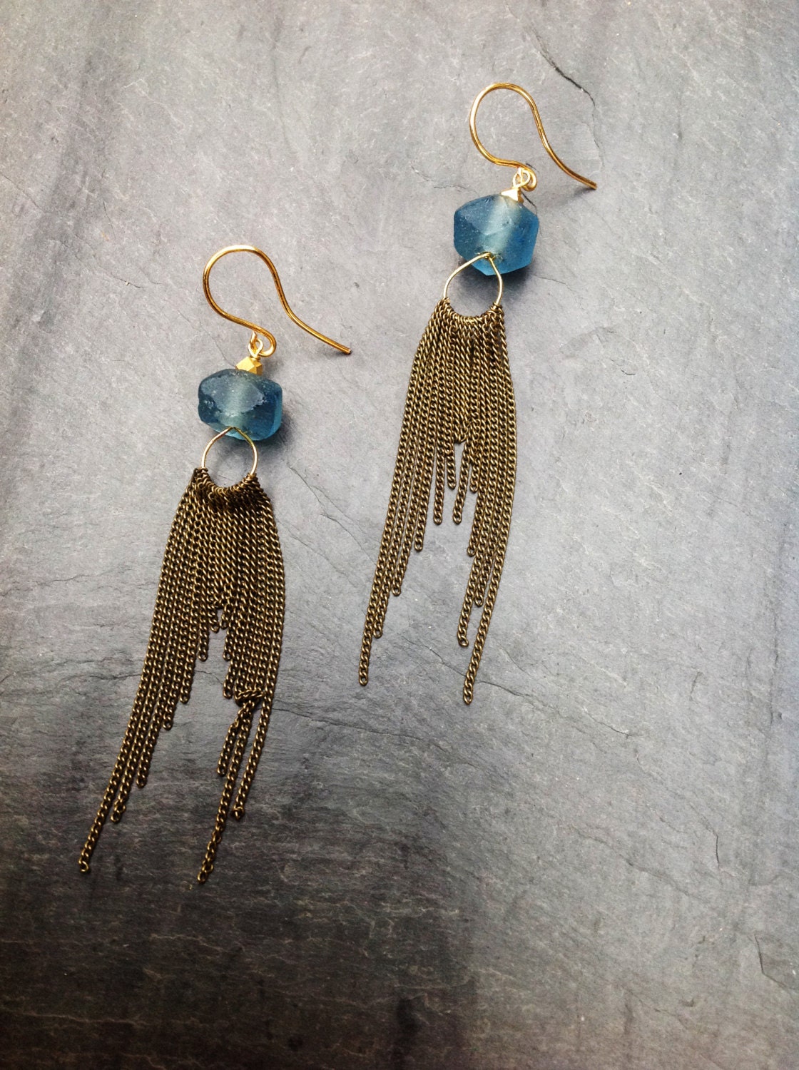 prussian blue glass cascading chain earrings with faceted gold