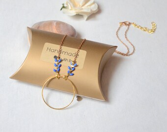Thin and discreet necklace with spike enamel circle blue and gold with red chain, blue necklace, gold necklace jewelry