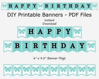 Happy Birthday Banner - Robin Egg Blue, Black & White - Bow - Birthday Party - PRINTABLE - INSTANT DOWNLOAD