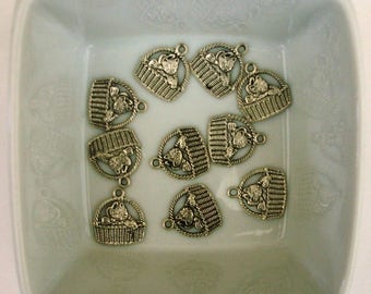 Set of 10 charms silver plate basket cat 16x15mm