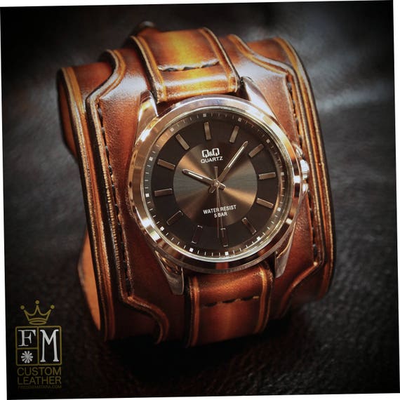 Leather cuff watch Tobacco sunburst wide layered Brown watch band cuff Bracelet Handmade for YOU in USA by Freddie Matara