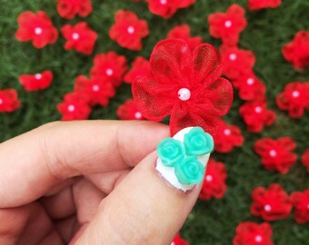 Red Beaded Chiffon Flowers (25mm each- 25 pieces), Pearl Center Flowers,Organza Bows,Lingerie Making,Red Fabric Flowers,Fabric Craft Flowers