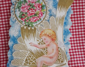 Vintage Valentine Card Gilded & Embossed Cupid Roses Ribbons Early 1900s