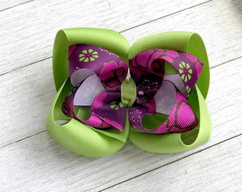Spring Summer Hair Bow - Purple Green - Boutique Hair Bow - Girl Hair Bow - Stacked Twisted Boutique