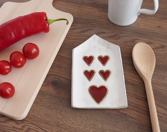ceramic spoon rest, white house with red hearts spoon holder, pottery spoon rest, kitchen decor, cup coaster