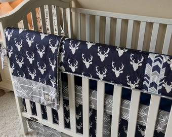 Navy Deer Crib Bedding, Grey Arrows Crib Bedding, Grey Bumperless Crib Bedding, Baby Boy Bedding, Navy Crib Bedding Set, Deer Crib Set