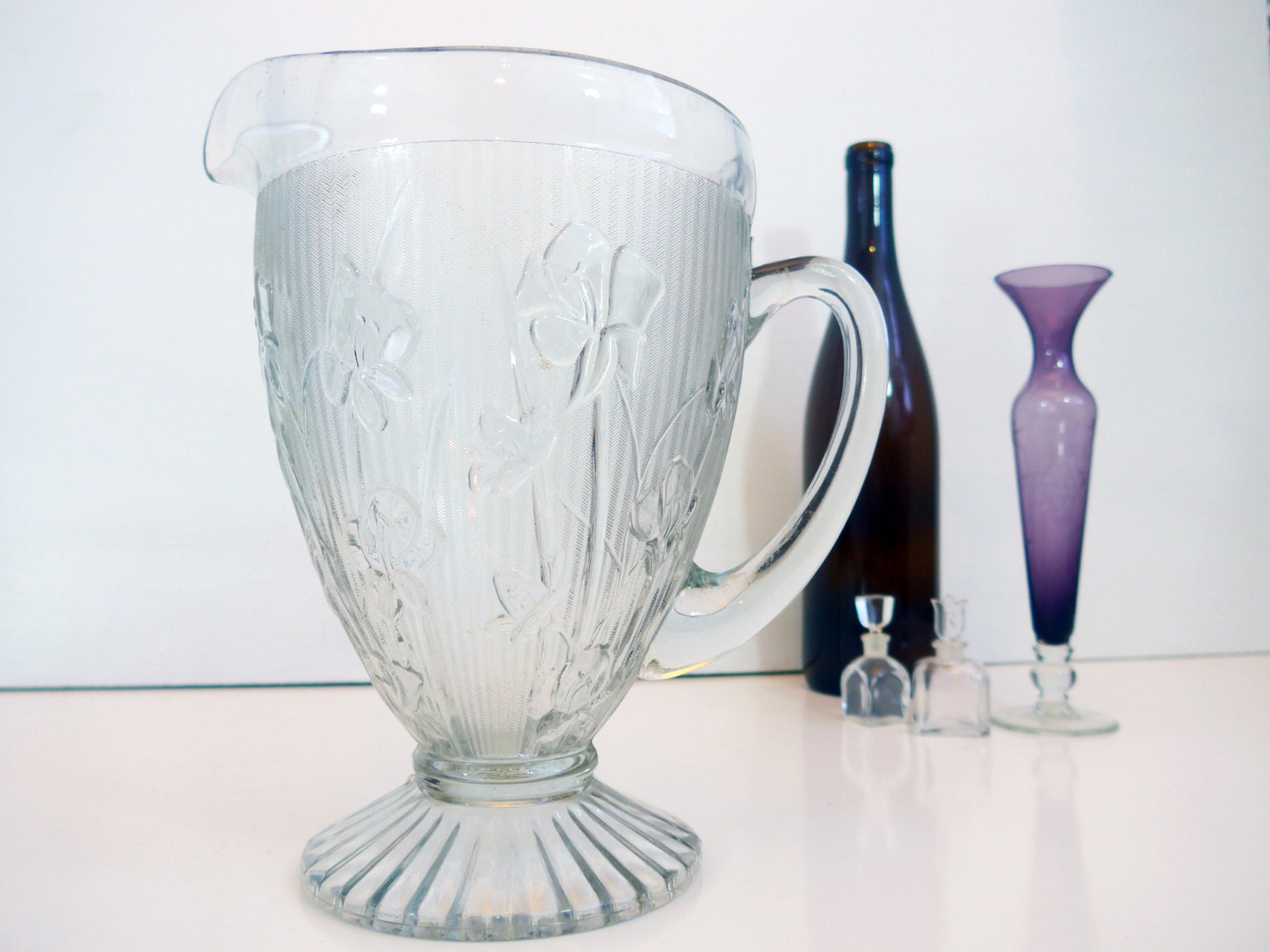 Vintage Glass Iris & Herringbone Pattern Clear Pitcher