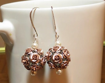 Beige Earrings, Bronze Earrings, Pearl Drop Earrings, Rose Earrings, Birthday Gift for Her, Sister Gift, Friend Gift, Wife Gift, Mom Gift