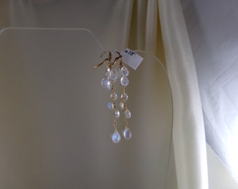 Rainbow moonstone briolette earrings 14k gold filled 3" total leverback AAA gemstone handmade item 675