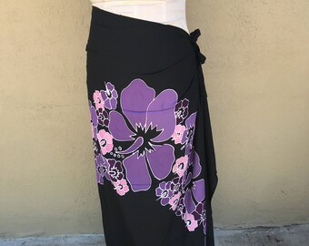 Black, purple and pink premium pareo. Fringeless. Tahitian pareo. Hibiscus print