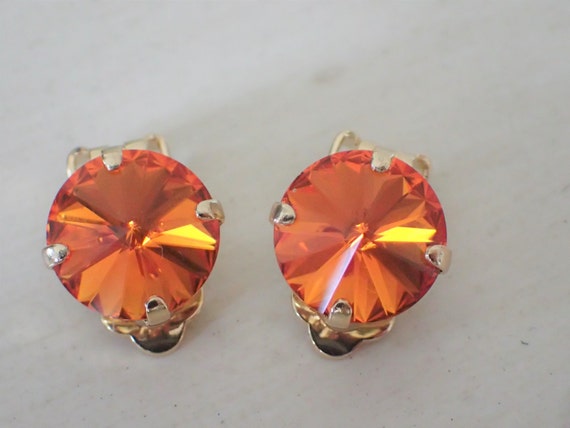 Tangerine Swarovski Crystal Clip On Earrings, Yellow Gold