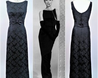 50s 60s Black Long Gown w Front Train S, Evening Couture, Silk Leaf Damask, Shimmering Satin, STEPHEN O'GRADY, Hepburn Hollywood Glamour!