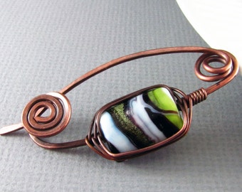 Shawl Pin Copper Wire Wrapped Jewelry Green Copper Brooch Scarf or Sweater Pin Lampwork Glass