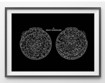 Star Map Print, Constellations Chart Print, Antique Celestial Map Constellations Northern and Southern Hemisphere Print Vintage Image