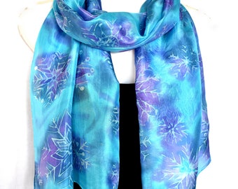 Hand Painted Silk Scarf, Winter Snowflakes, Christmas Snowflakes, Blue Purple 71" x 18", Gift For Her