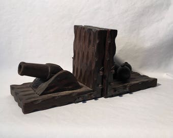 Cannon and cannon ball wooden bookends made in Spain