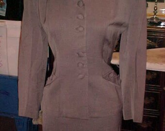 1950s Grey Gabardine Suit, Covered Buttons, Straight Skirt. Small, 2192