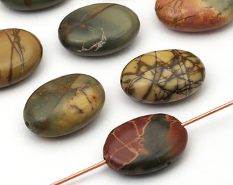 11 pcs red creek jasper beads, oval flat brown grey green semiprecious stone 18mm