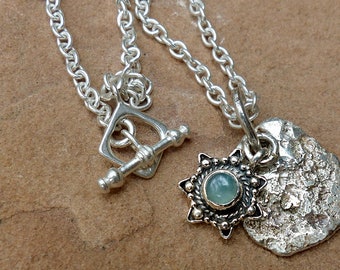 Pendant & Chain Necklace.Sterling Silver Nugget.Chrysoprase Charm.Toggle Clasp . Rustic Boho Tribal Southwest Style Jewelry