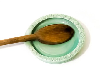 Pottery Spoon Rest - Light Green Spoon Rest - Ceramic Spoon Holder - Wheel Thrown Utensil Holder