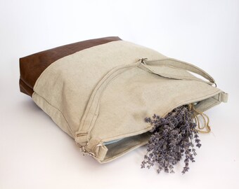 Linen Hobo Bag, Large Minimalist Bag, Linen Tote Bag, Vegan Leather Bag, Brown Tote, Linen Handbag, Rustic Tote, Natural Linen Bag, Casual