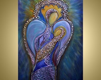 ANGELS Painting Mother's Love Abstract Icon Religious Painting Original Contemporsry Wall Art by Luiza Vizoli