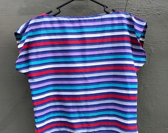 80s Striped Crop Top. 1980s Blue, Purple, White, Red, Grey Short Sleeve Top. Boat Neck. Small.