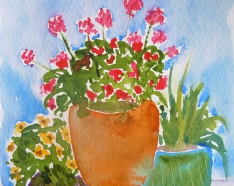 Geraniums on Blue Watercolor Notecard